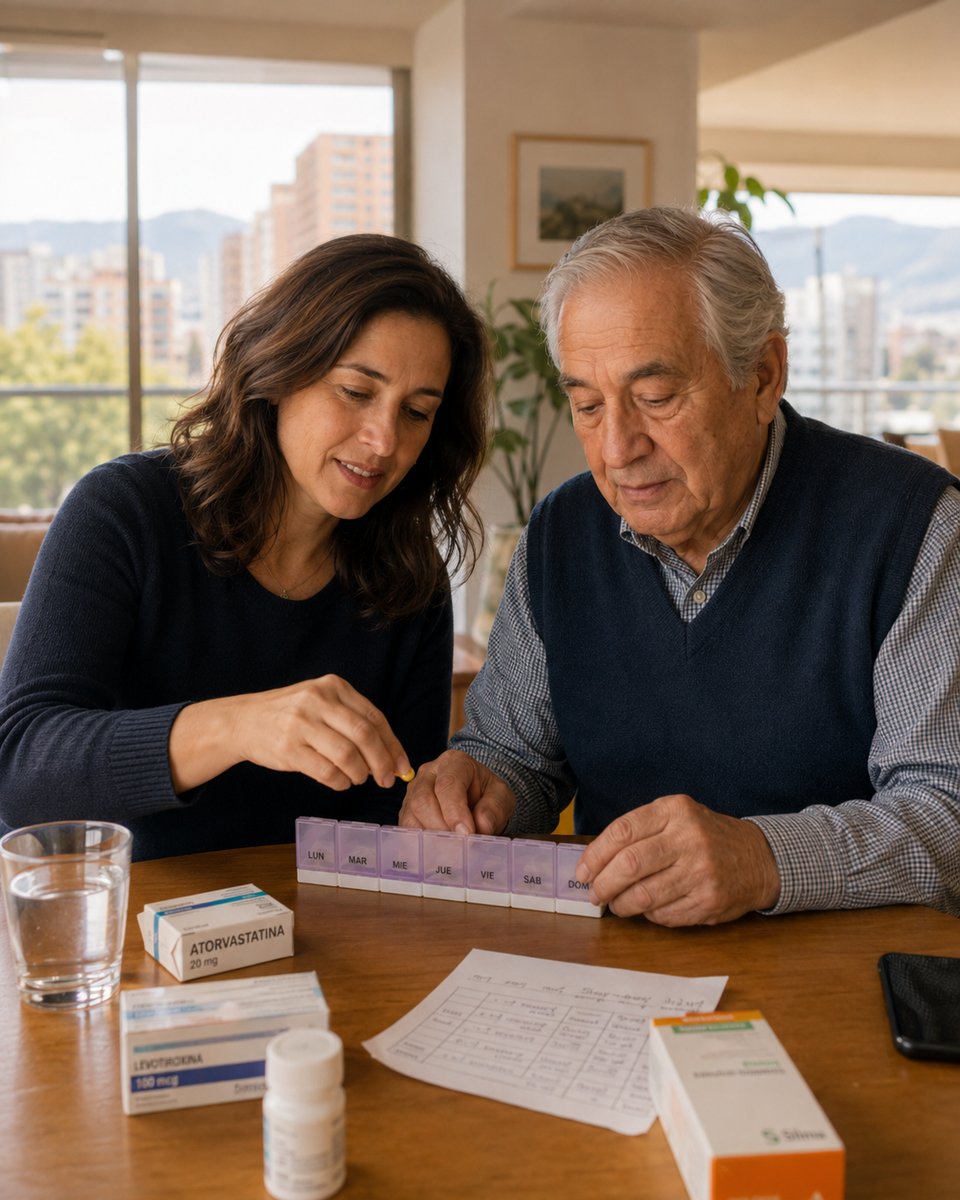 Hija ayudando a su padre adulto mayor a organizar sus medicamentos con TeCuido