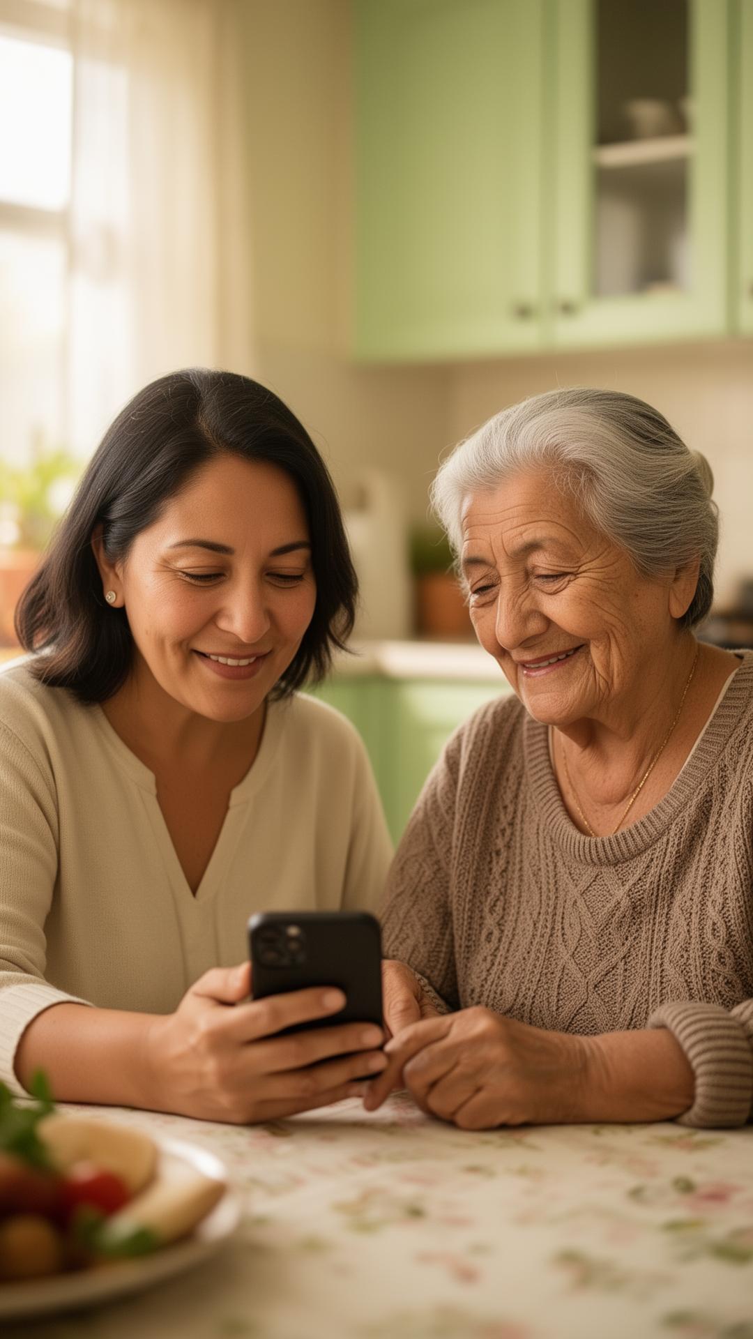 Hija ayudando a su madre adulta mayor a usar TeCuido en el teléfono